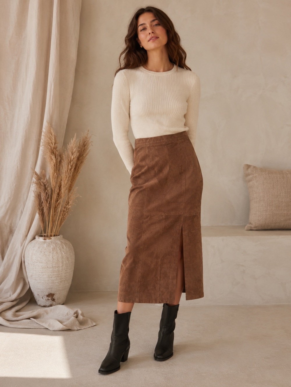 Vintage Brown Midi Skirt with Front Slit